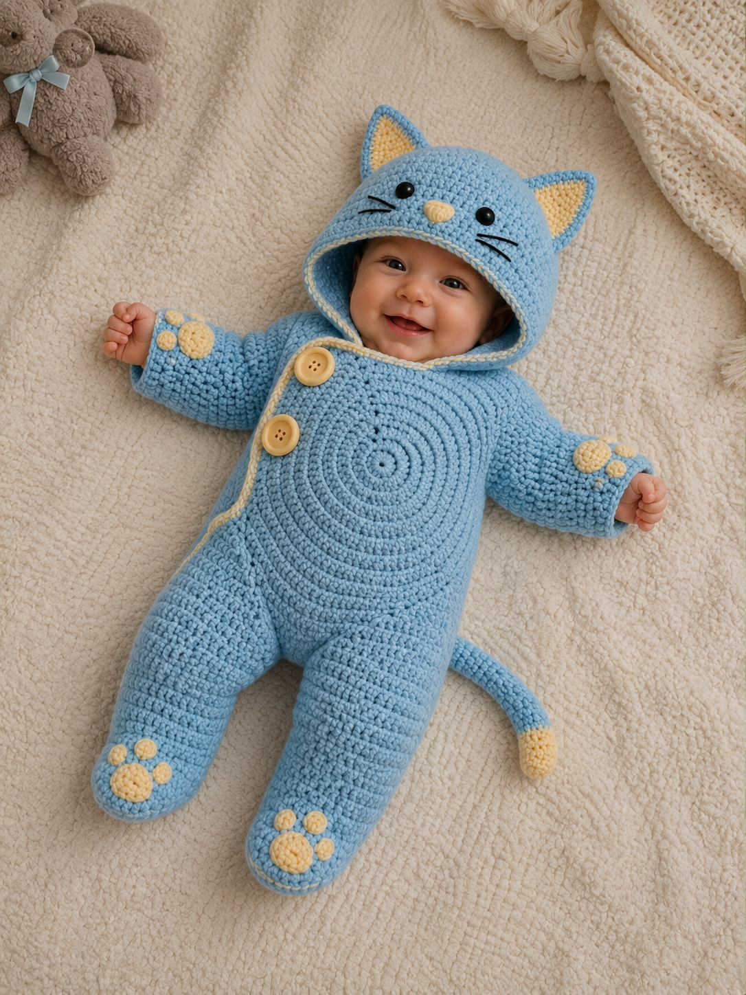 Kitty Dreams – Handmade Crochet Baby Cat Hooded Romper