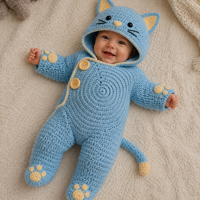 Kitty Dreams – Handmade Crochet Baby Cat Hooded Romper