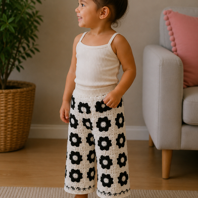 Black Floral Mosaic – Handmade Crochet Kids’ Pants