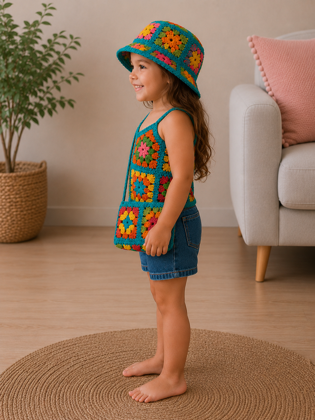 Colorful Mosaic – Crochet Kids’ Top, Hat &amp; Bag Set