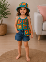 Colorful Mosaic – Crochet Kids’ Top, Hat &amp; Bag Set