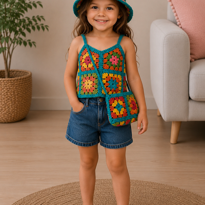Colorful Mosaic – Crochet Kids’ Top, Hat &amp; Bag Set