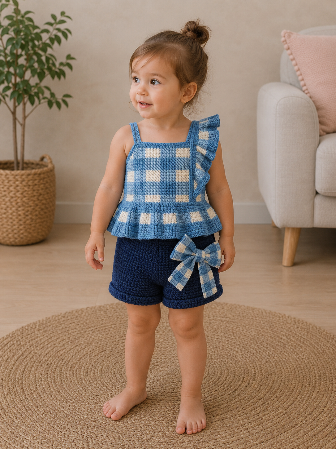 Blue Check Elegance – Crochet Kids’ Set