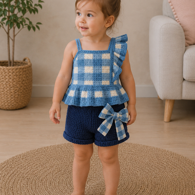 Blue Check Elegance – Crochet Kids’ Set