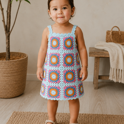 Blue Floral Mosaic – Crochet Girls’ Dress