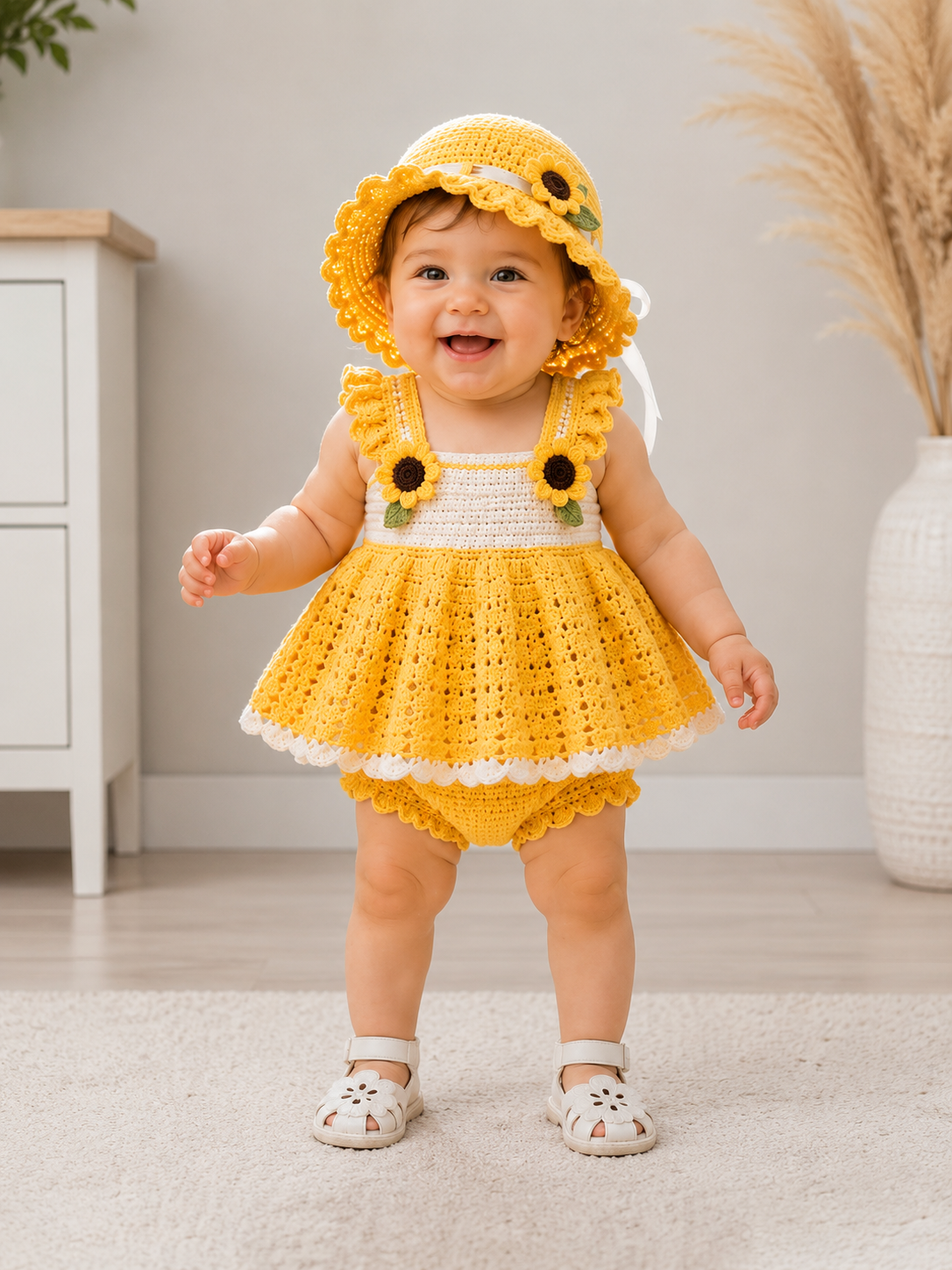 Sunflower Crochet Baby Girl Dress Set with Hat