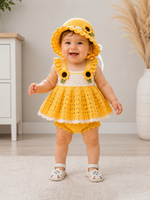 Sunflower Crochet Baby Girl Dress Set with Hat