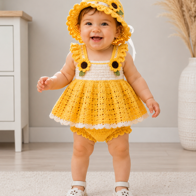 Sunflower Crochet Baby Girl Dress Set with Hat