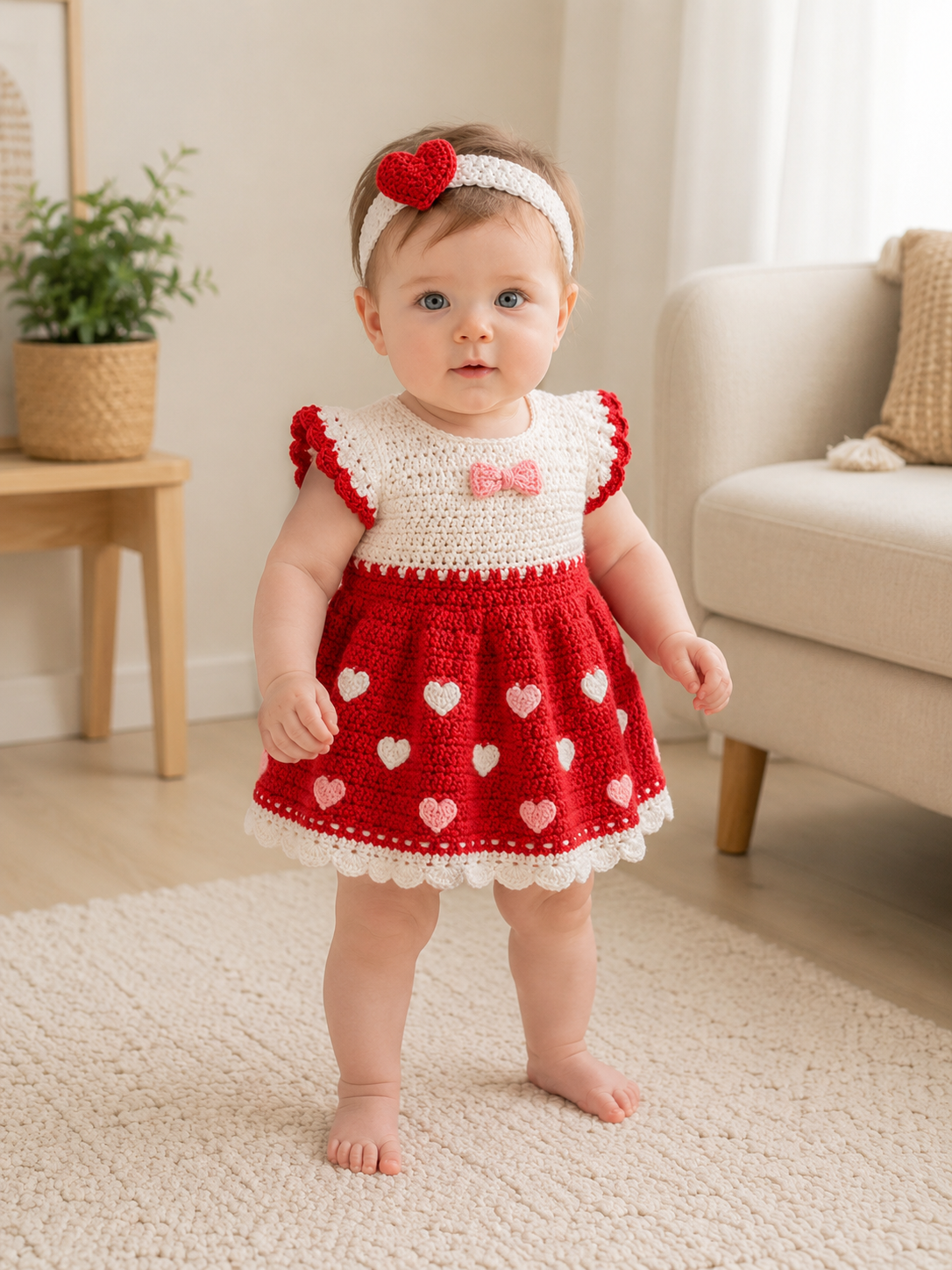 Sweet Hearts Crochet Baby Girl Dress with Headband