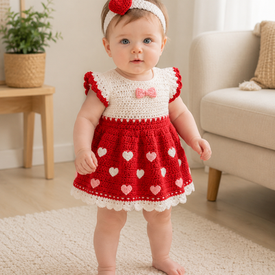 Sweet Hearts Crochet Baby Girl Dress with Headband