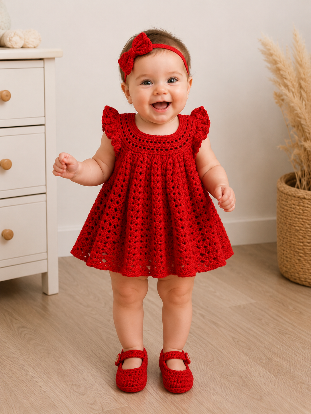 Crochet Baby Girl Red Dress Set (Headband & Shoes Included)