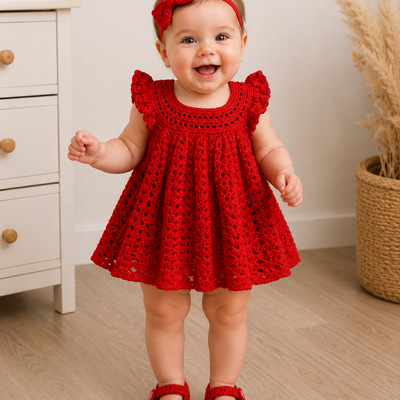 Crochet Baby Girl Red Dress Set (Headband & Shoes Included)