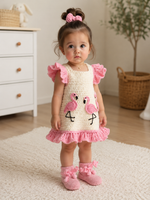 Crochet Flamingo Baby Girl Dress Set (Shoes & Hair Accessory Included)