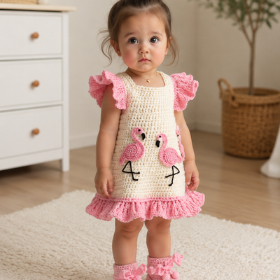 Crochet Flamingo Baby Girl Dress Set (Shoes & Hair Accessory Included)