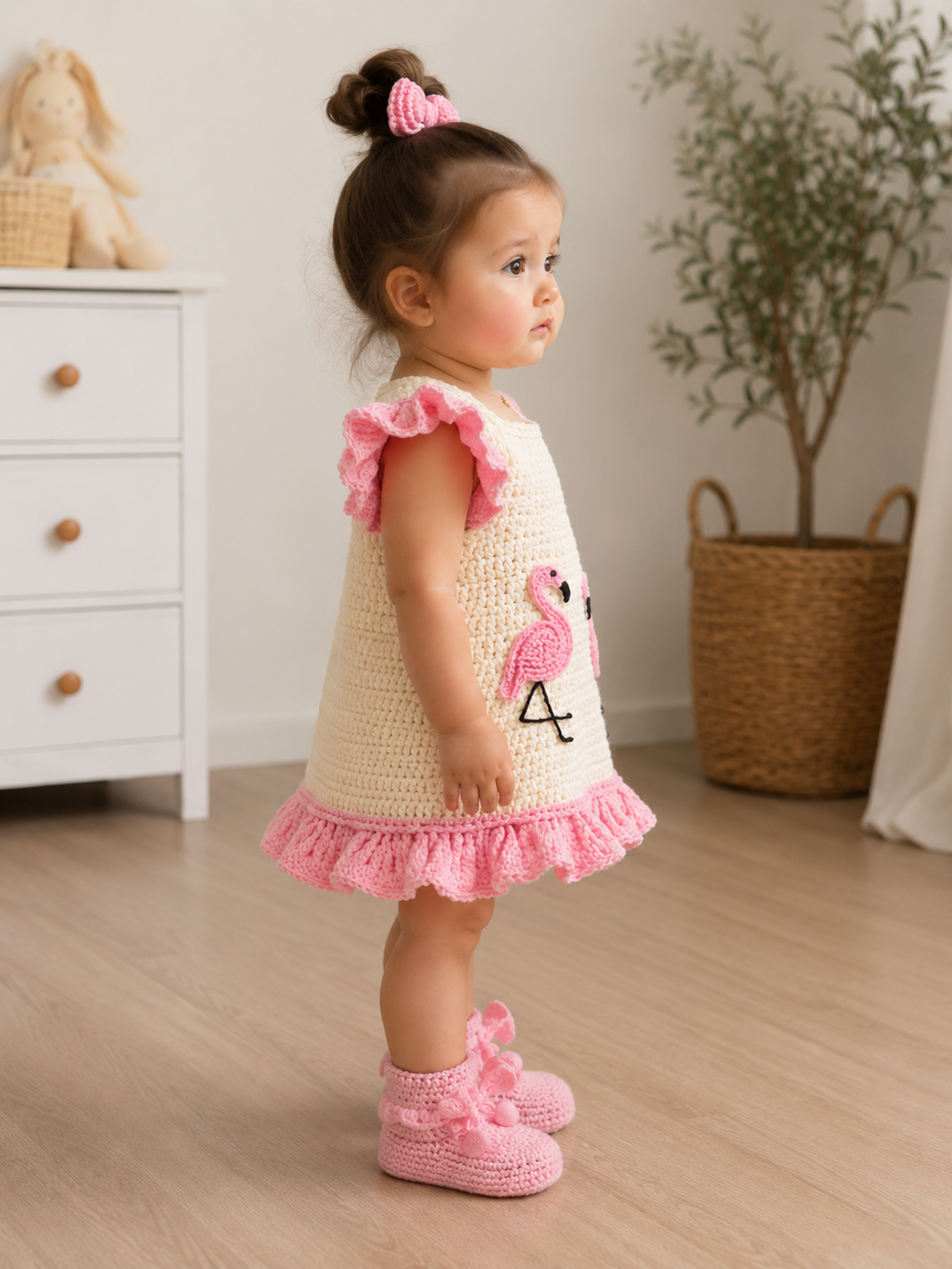 Crochet Flamingo Baby Girl Dress Set (Shoes & Hair Accessory Included)