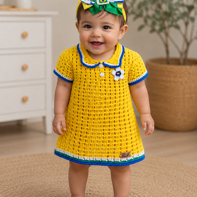 Brazil-Inspired Crochet Baby Dress Set (Matching Headband Included)