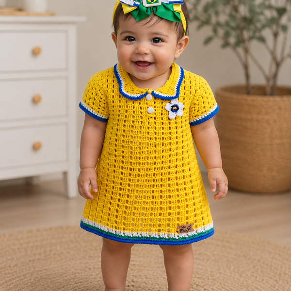 Brazil-Inspired Crochet Baby Dress Set (Matching Headband Included)