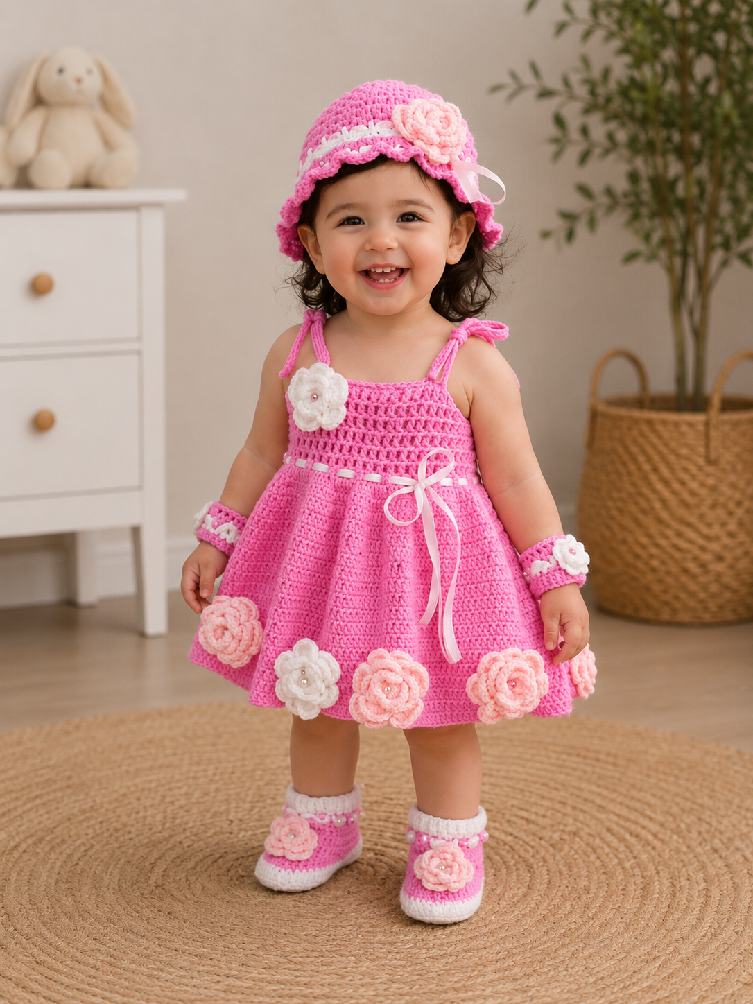 Pink Blossom Crochet Baby Dress Set