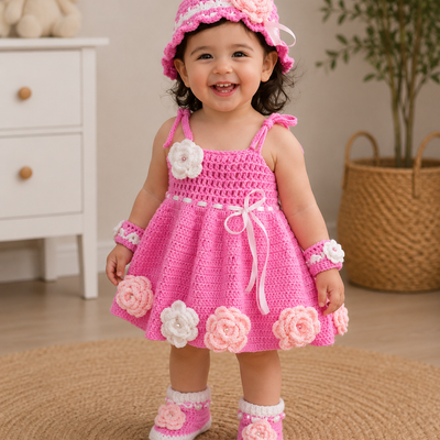 Pink Blossom Crochet Baby Dress Set