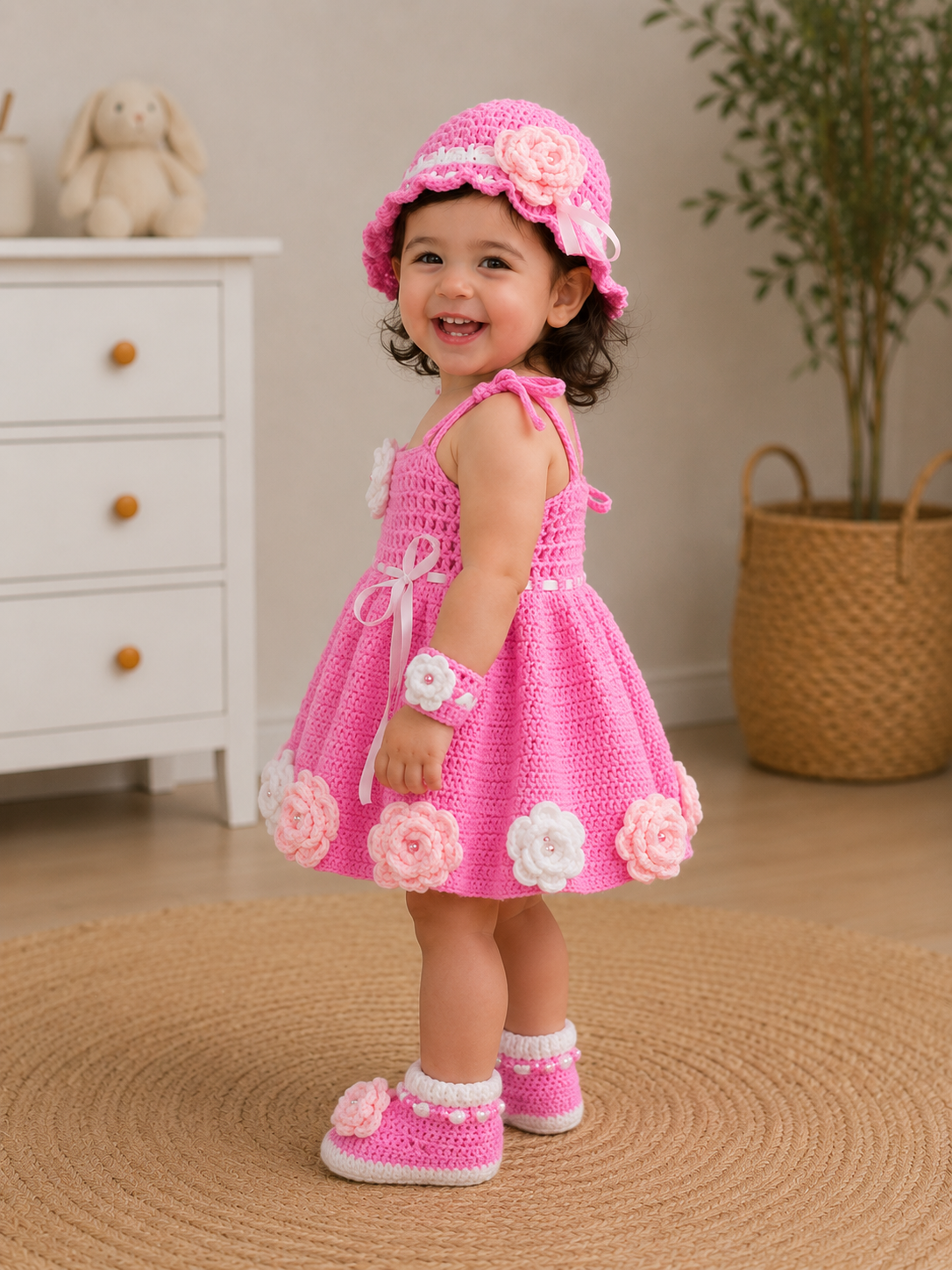 Pink Blossom Crochet Baby Dress Set