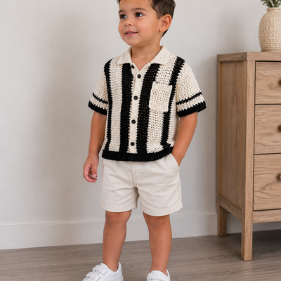 Crochet Polo Shirt – White & Black Striped