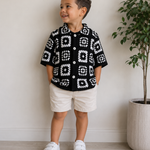 Crochet Polo Shirt – Black & White Mosaic Pattern