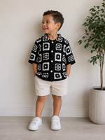 Crochet Polo Shirt – Black & White Mosaic Pattern