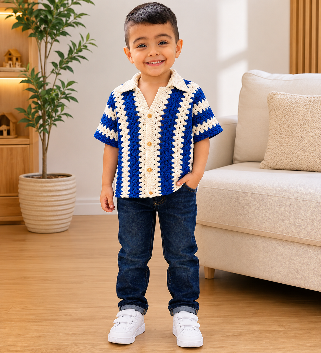 Crochet Polo Shirt – Royal Blue & White