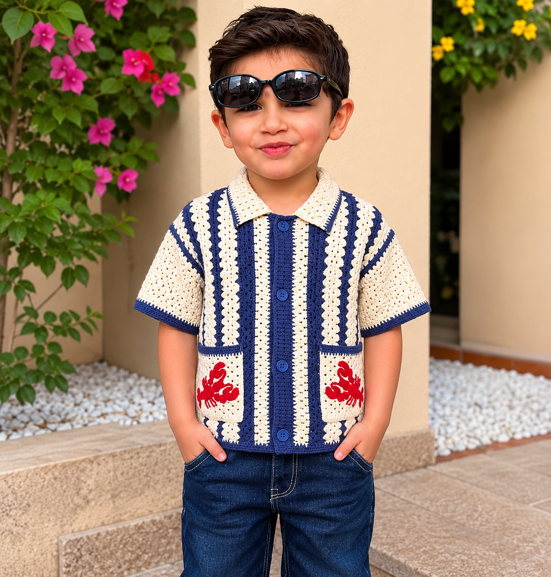 Crochet Polo Shirt – Blue & White (Crab Design)