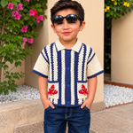 Crochet Polo Shirt – Blue & White (Crab Design)