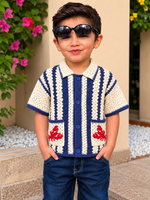 Crochet Polo Shirt – Blue & White (Crab Design)
