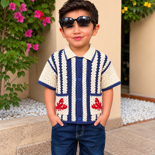 Crochet Polo Shirt – Blue & White (Crab Design)