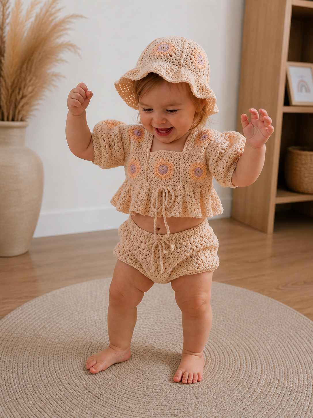 Baby Summer Set – Floral Crochet Outfit (Top, Shorts & Hat)
