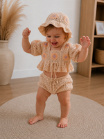 Baby Summer Set – Floral Crochet Outfit (Top, Shorts & Hat)
