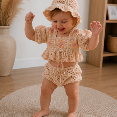 Baby Summer Set – Floral Crochet Outfit (Top, Shorts & Hat)