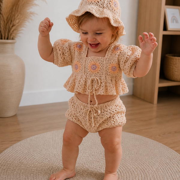 Baby Summer Set – Floral Crochet Outfit (Top, Shorts & Hat)