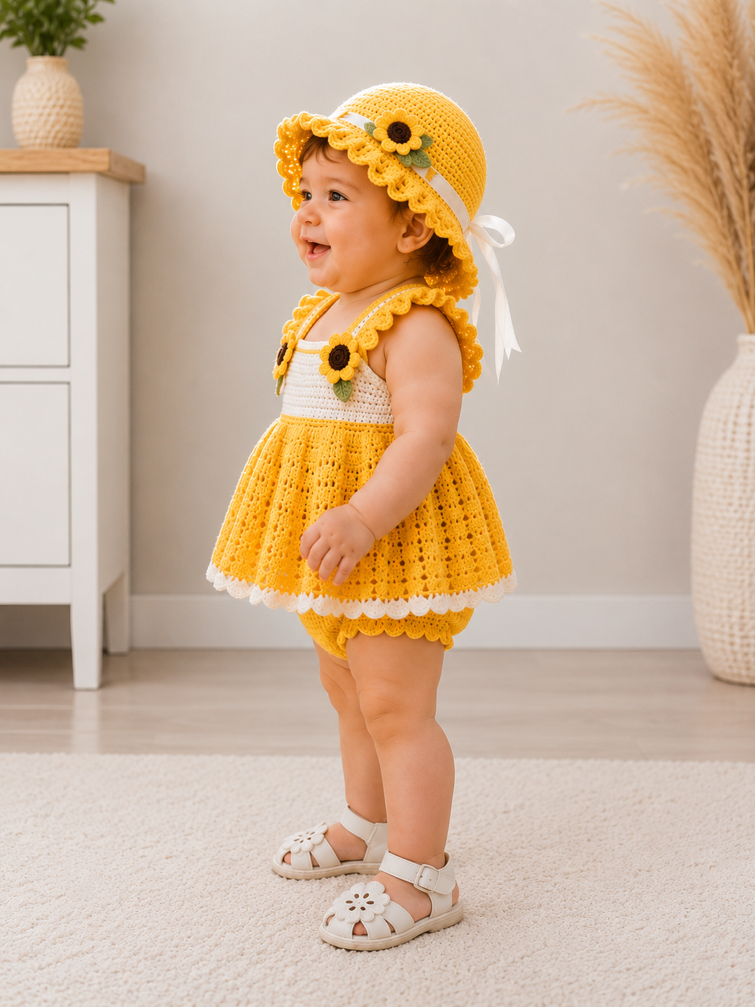 Sunflower Crochet Baby Girl Dress Set with Hat