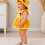 Sunflower Crochet Baby Girl Dress Set with Hat