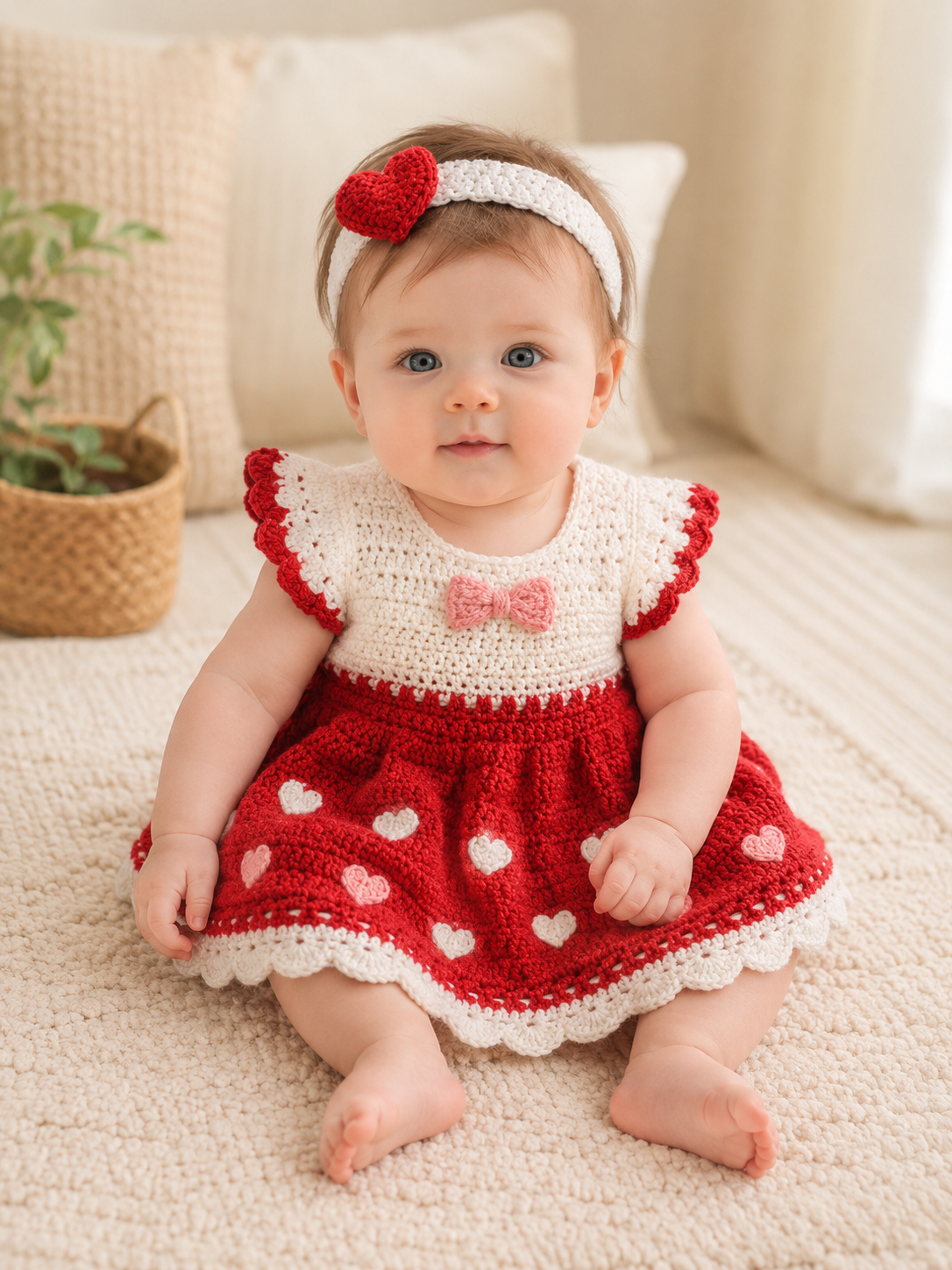 Sweet Hearts Crochet Baby Girl Dress with Headband