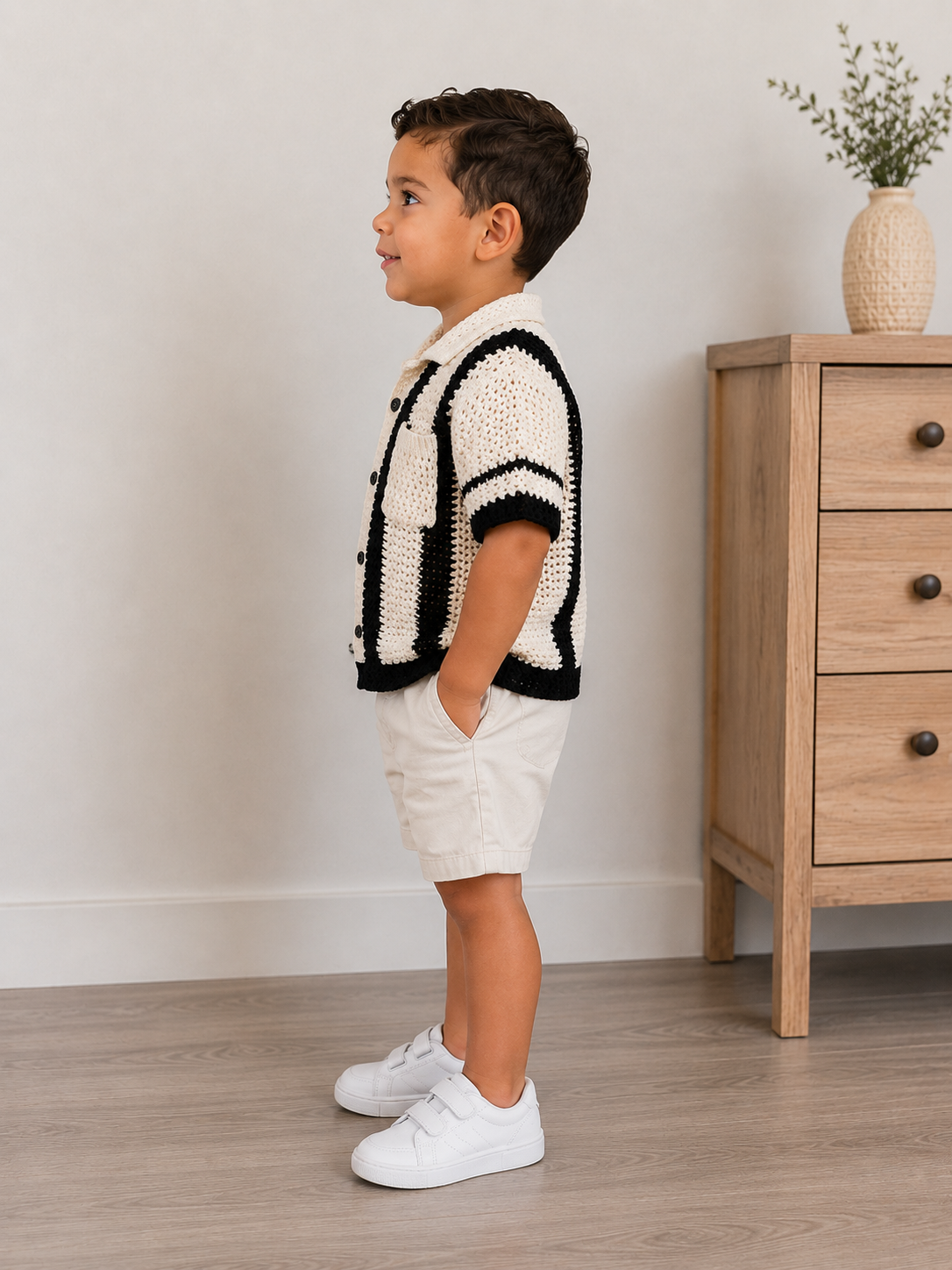 Crochet Polo Shirt – White & Black Striped