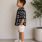 Crochet Polo Shirt – Black & White Mosaic Pattern