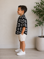 Crochet Polo Shirt – Black & White Mosaic Pattern