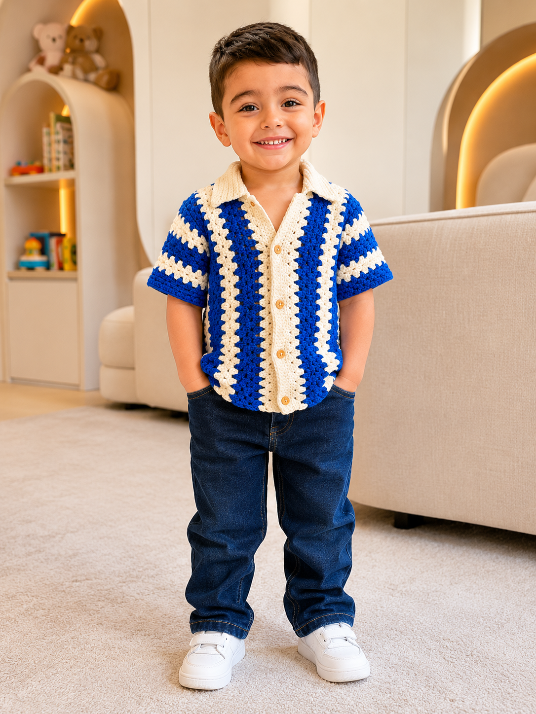 Crochet Polo Shirt – Royal Blue & White