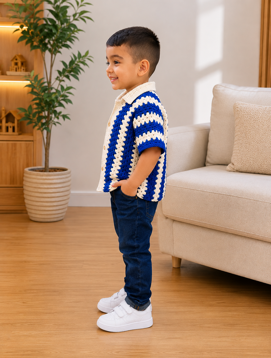 Crochet Polo Shirt – Royal Blue & White