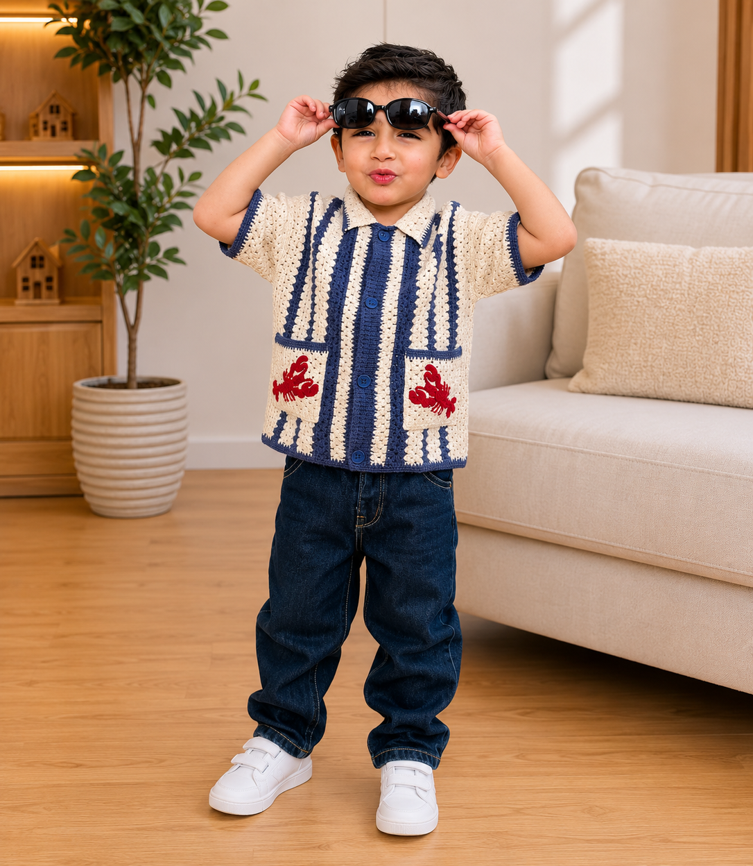 Crochet Polo Shirt – Blue & White (Crab Design)