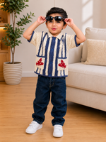 Crochet Polo Shirt – Blue & White (Crab Design)