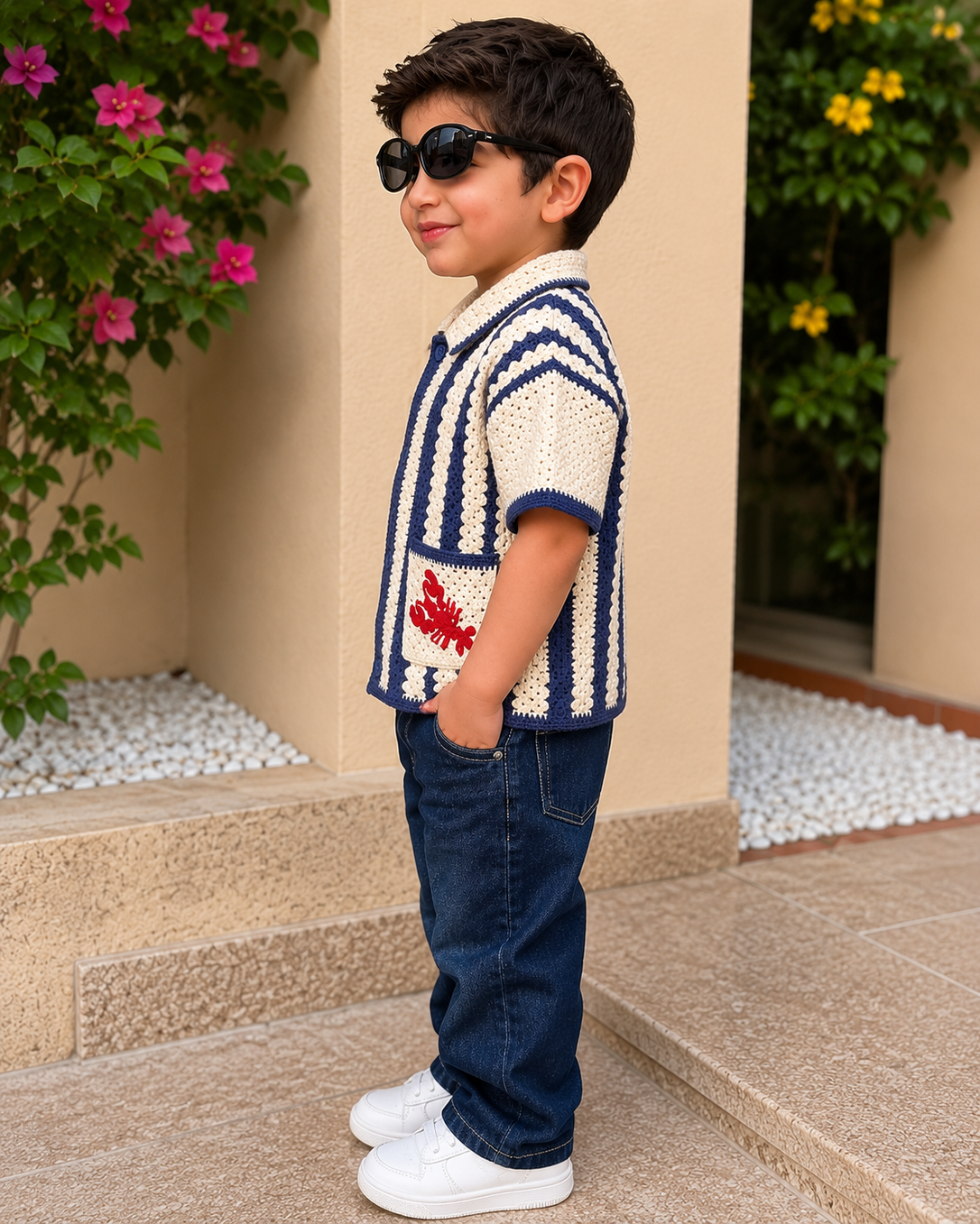 Crochet Polo Shirt – Blue & White (Crab Design)