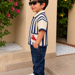 Crochet Polo Shirt – Blue & White (Crab Design)