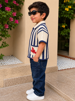 Crochet Polo Shirt – Blue & White (Crab Design)