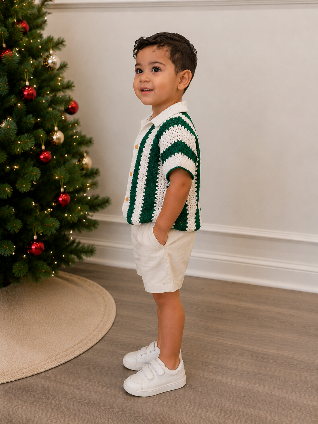 Crochet Polo Shirt – Green & White